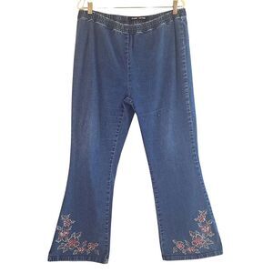Boho Floral Embroidered Jeans Vintage Pull-On Curvy Bell Bottoms Plus Size 24